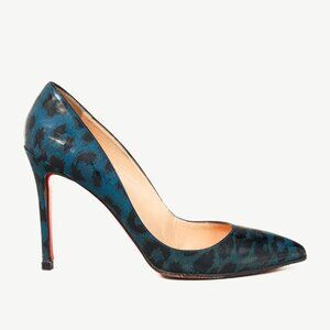 Christian Louboutin Pigalle 100 Black-Blue Patent Leopard Pointed-Toe Pumps